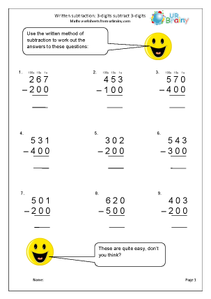 Subtraction Maths Worksheets for Year 3 (age 7-8) - URBrainy.com
