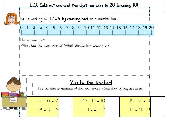 Subtraction Crossing 10 Differentiated Worksheets Year 1 (White ...