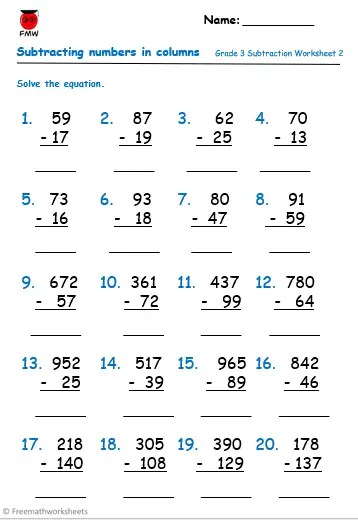 subtraction worksheet year 3 free