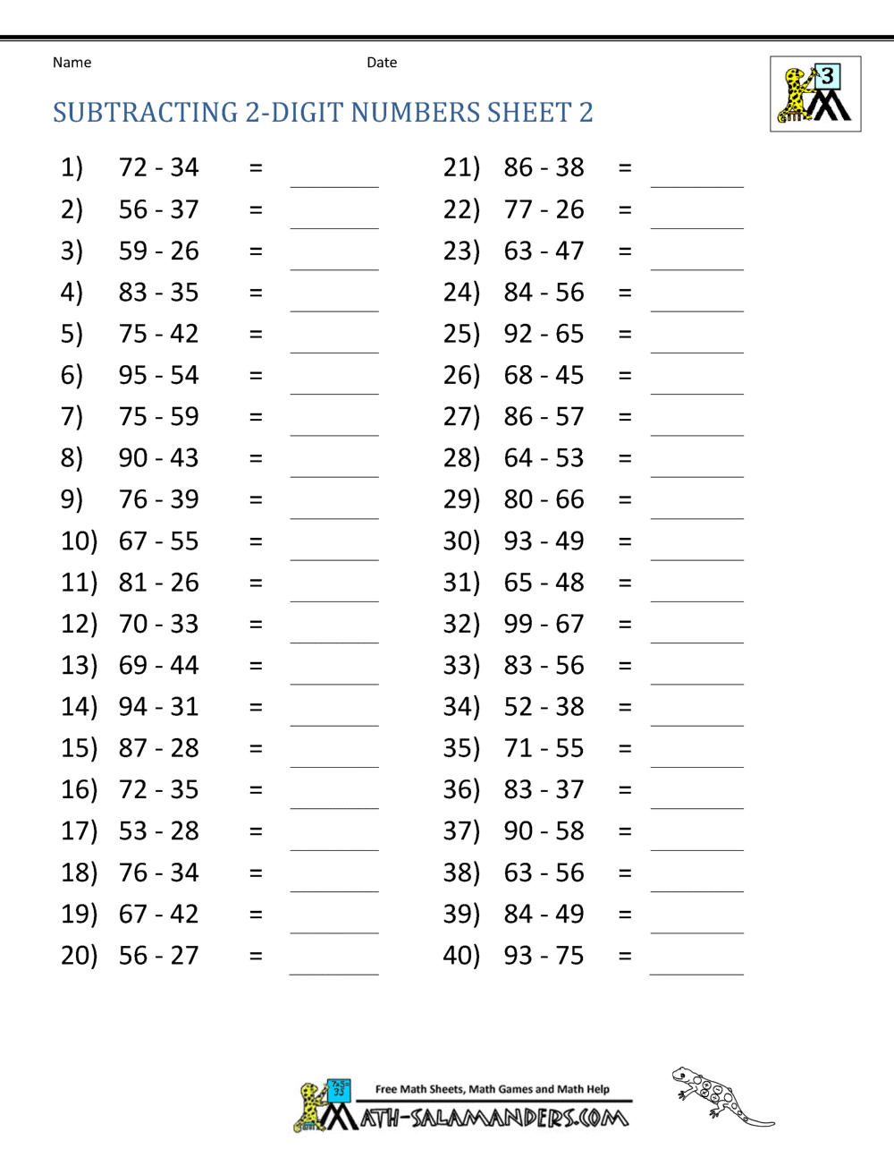 Third Grade Subtraction Worksheets