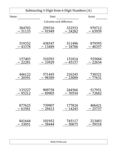 subtraction worksheet year 56