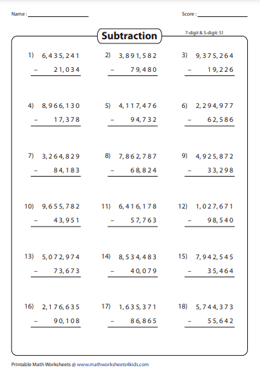 7-Digit Subtraction Worksheets
