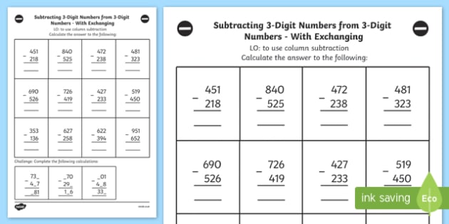 3 Digit Column Subtraction - Year 3 Worksheet (teacher made)