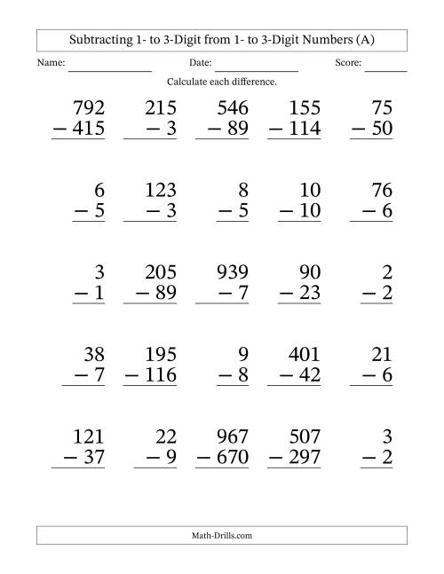 Subtracting 1- to 3-Digit from 1- to 3-Digit Numbers With Some ...