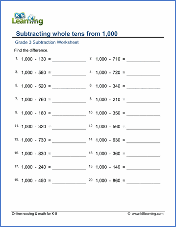 Grade 3 Subtraction Worksheets: Subtract whole tens from 1,000 ...