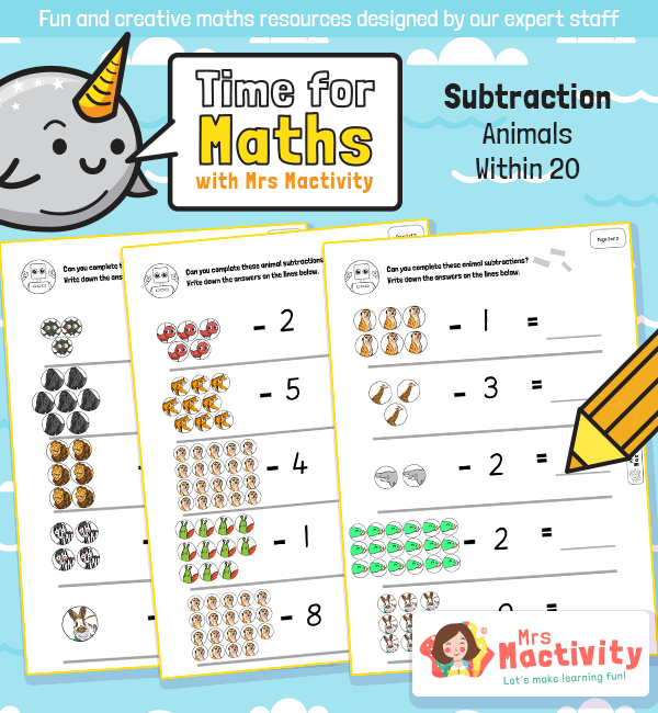 Year 1 Animal Subtraction Within 20 Worksheet | Mrs Mactivity