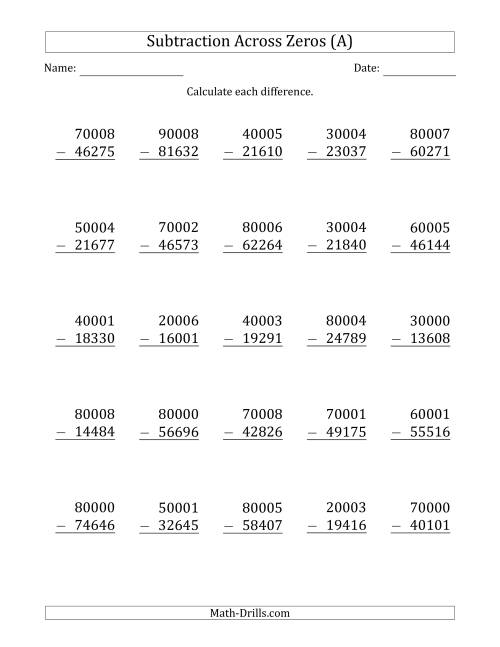 subtraction worksheet zeros