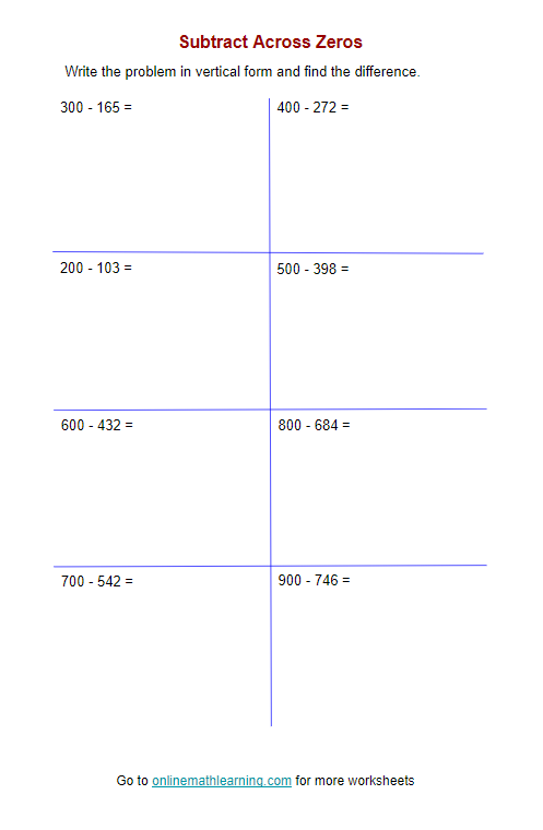Subtract Across Zeros Worksheets (Second Grade, printable)