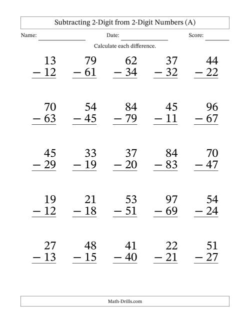 Subtracting 2-Digit from 2-Digit Numbers With Some Regrouping (25 ...