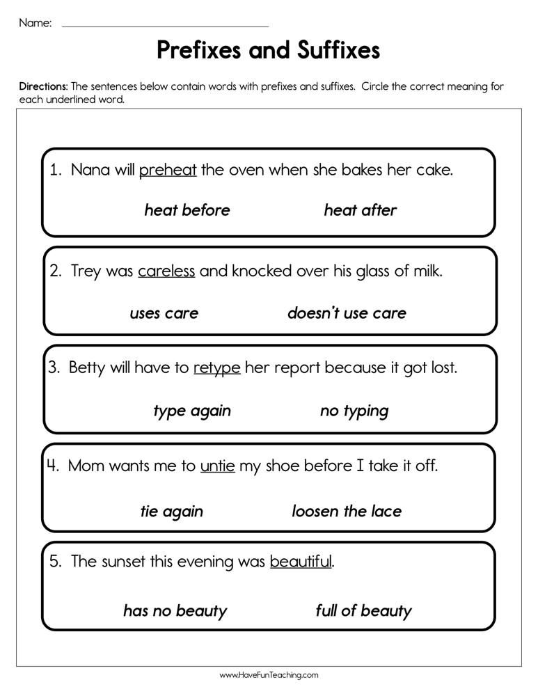 Prefixes and Suffixes Worksheet