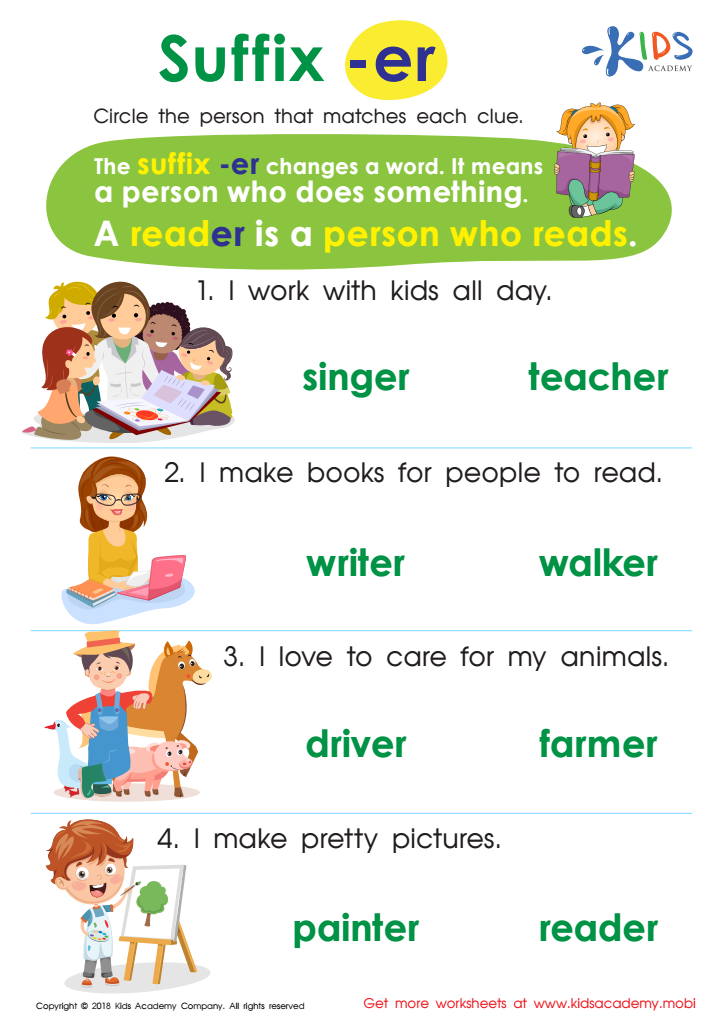 Suffix -er Printable Worksheet: Free Printable PDF for Kids
