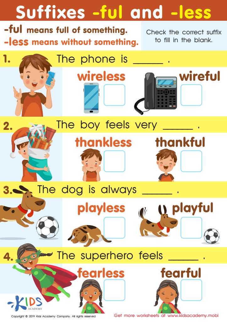 Suffixes -ful and -less Worksheet for kids