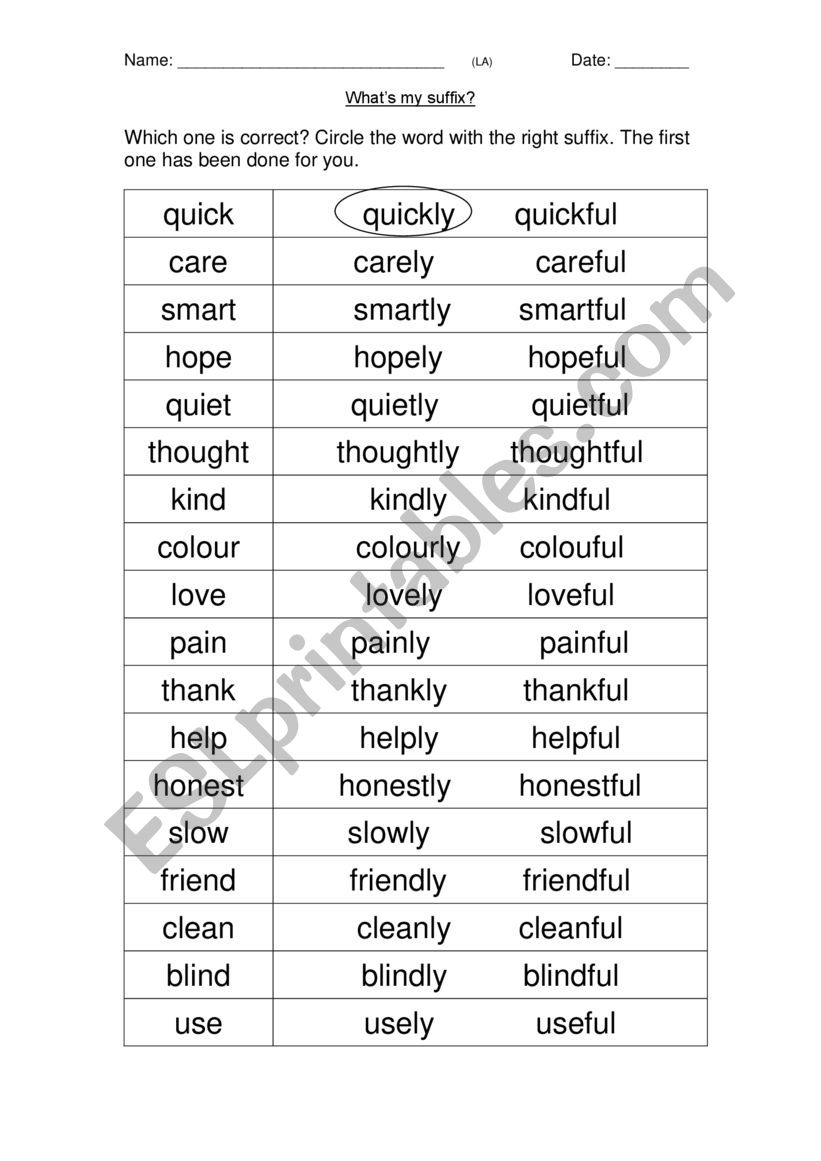 suffix ly and ful worksheet