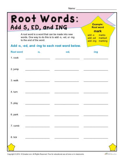 Printable Root Words Worksheets | Add S, ED and ING
