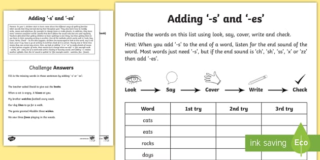 Year 1 Adding the Suffixes -s and -es Worksheet - Twinkl