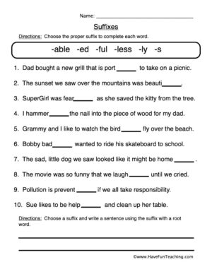 Suffix Fill in the Blank Worksheet  