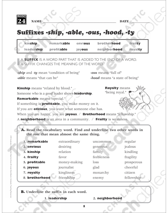 Suffixes (-ship, -able, -ous, -hood, -ty): Grade 4 Vocabulary ...