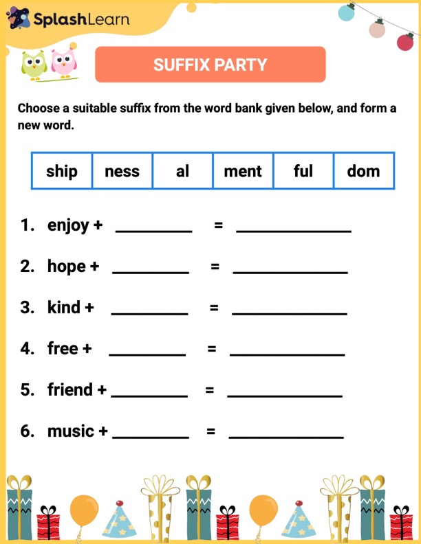 Suffix Party - ELA Worksheets - SplashLearn