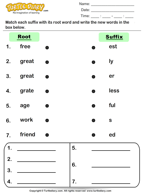 Root Word and Suffix Match | Turtle Diary Worksheet