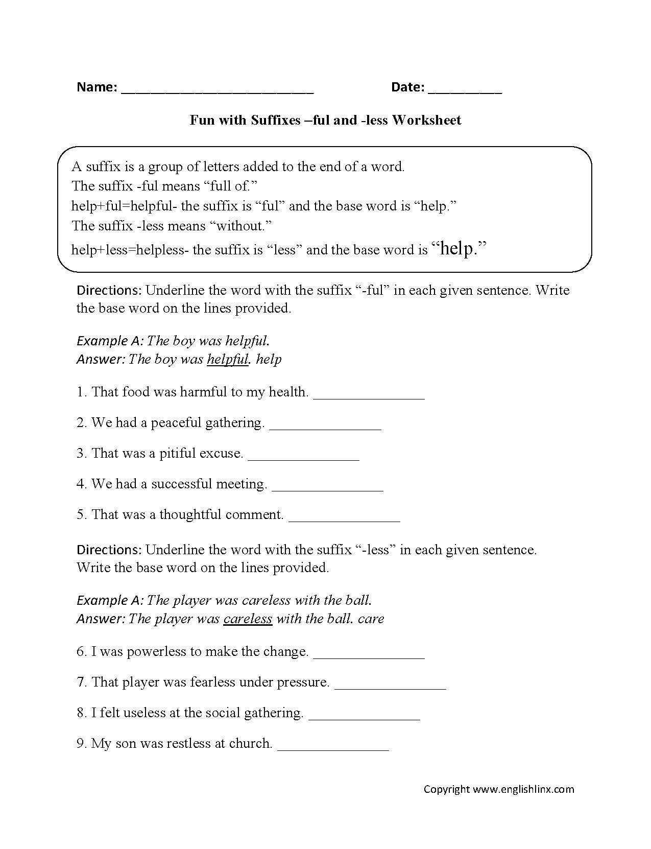 suffixes ful and less worksheet