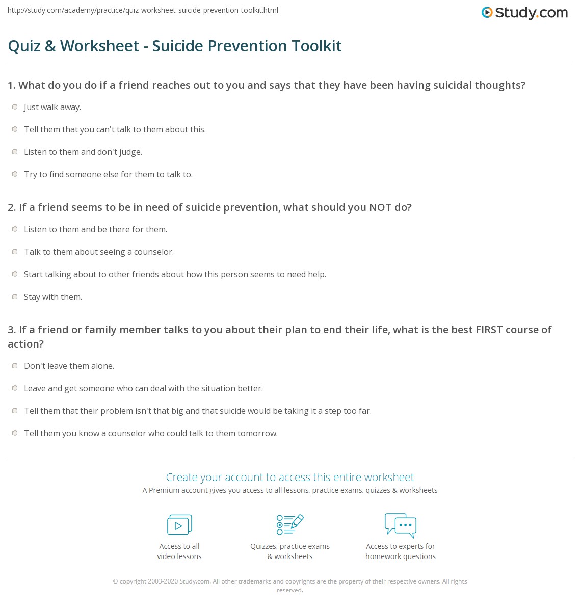 Quiz &  Worksheet - Suicide Prevention Toolkit | Study.com