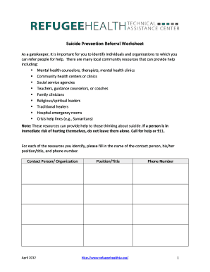Fillable Online refugeehealthta Suicide Prevention Referral ...