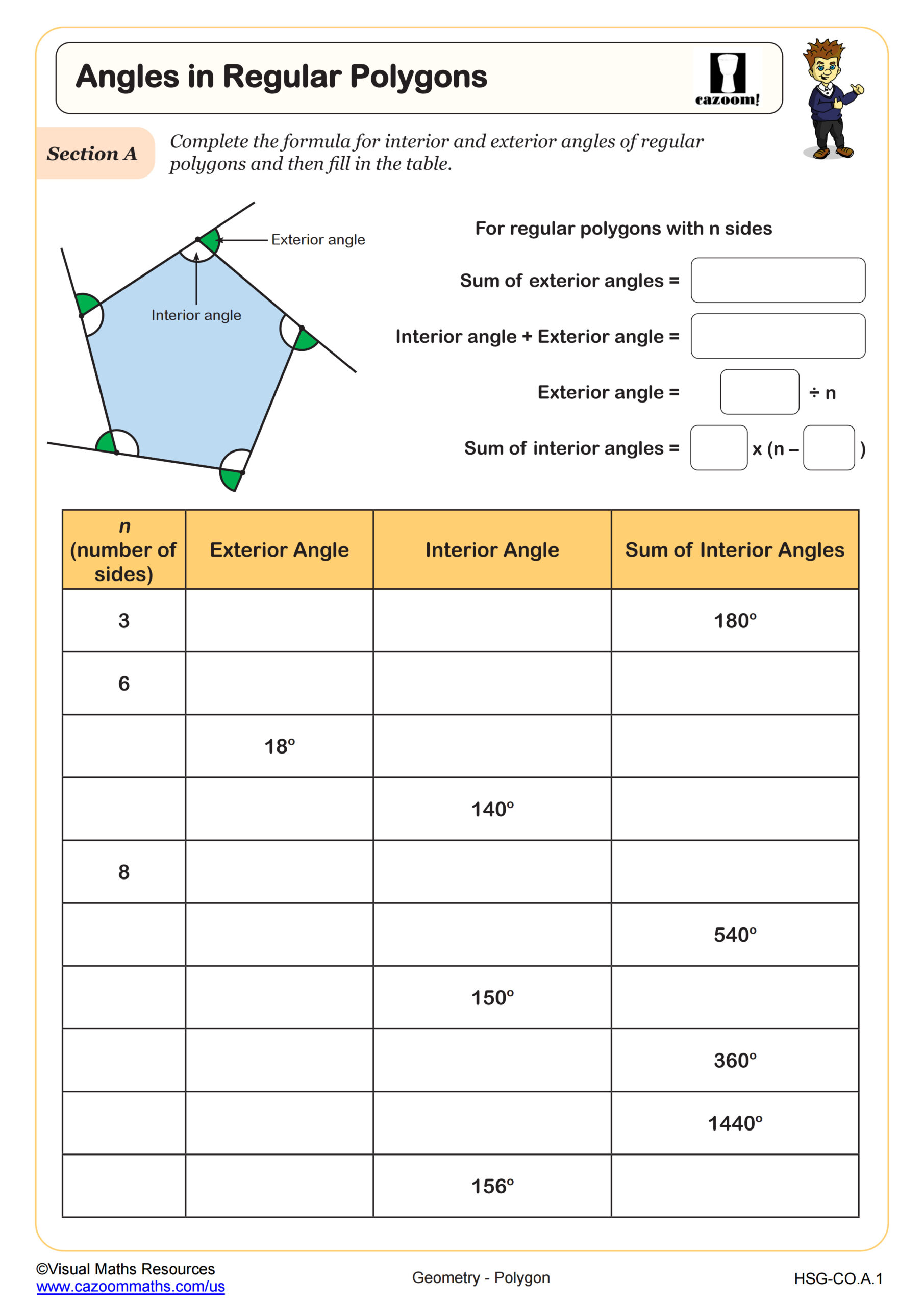 sum of interior angles of polygons worksheet