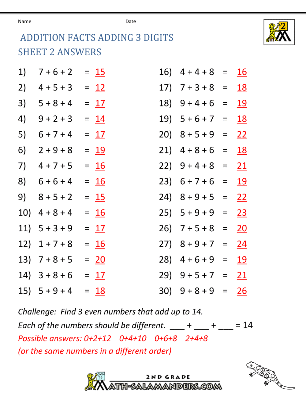 Math Addition Facts to 20