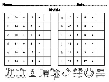 100 Summer Beach Math Worksheets, Third Grade Division with answers up to  100,