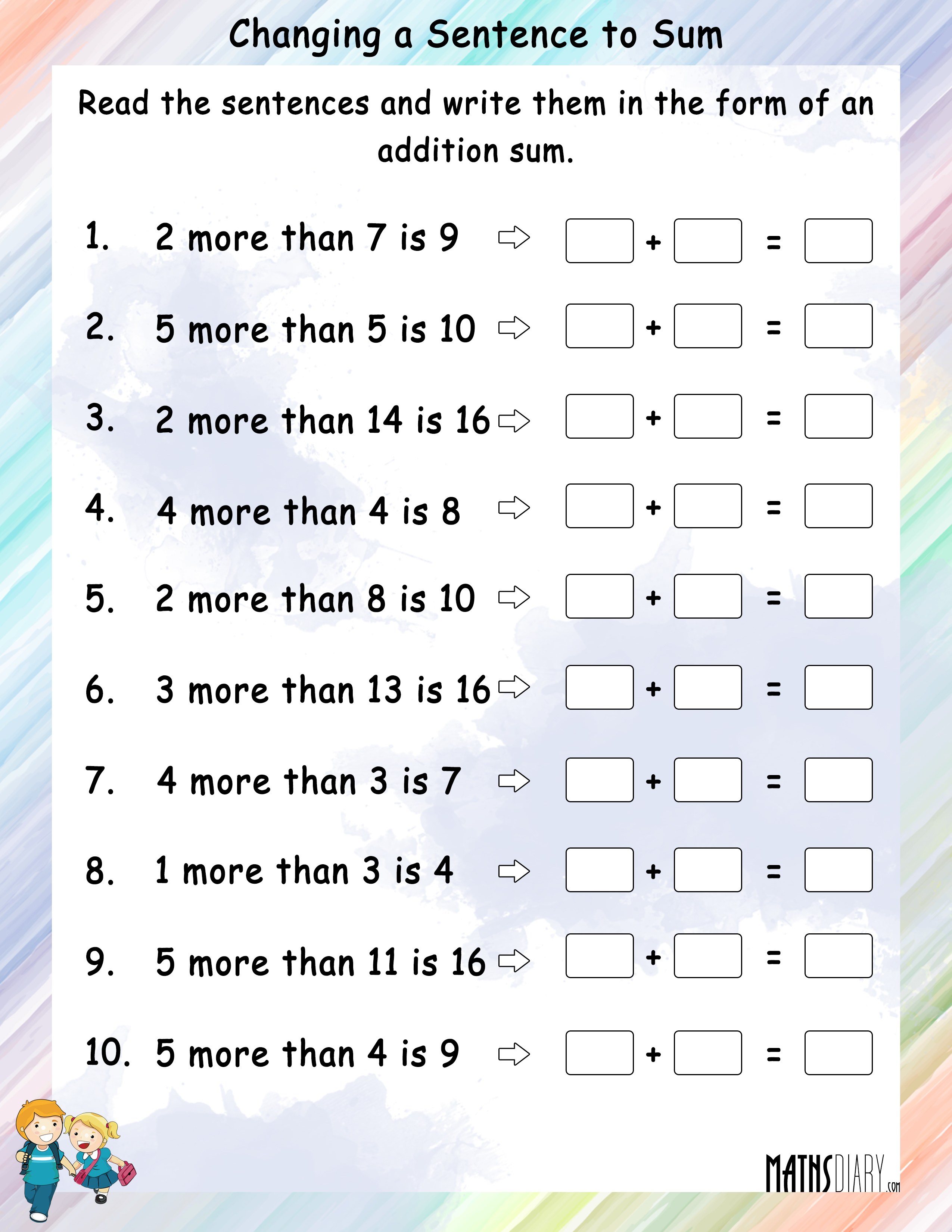 Changing a statement to addition sum Worksheets - Math Worksheets ...