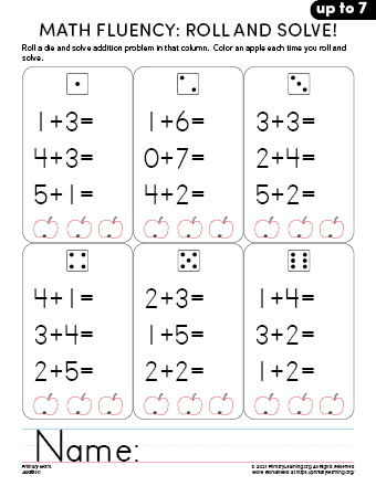 Addition Fluency - Roll and Solve Sum up to 7  