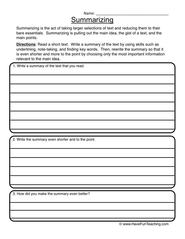Summarizing Organizer Worksheet  