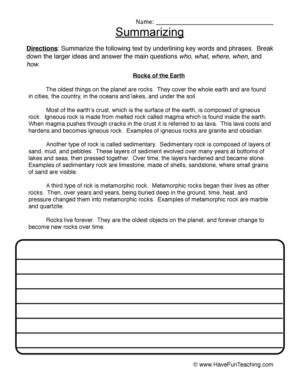 Third Grade Summarizing Worksheets  