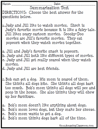 Summarization Test Printable Worksheet with Answer Key - Lesson ...