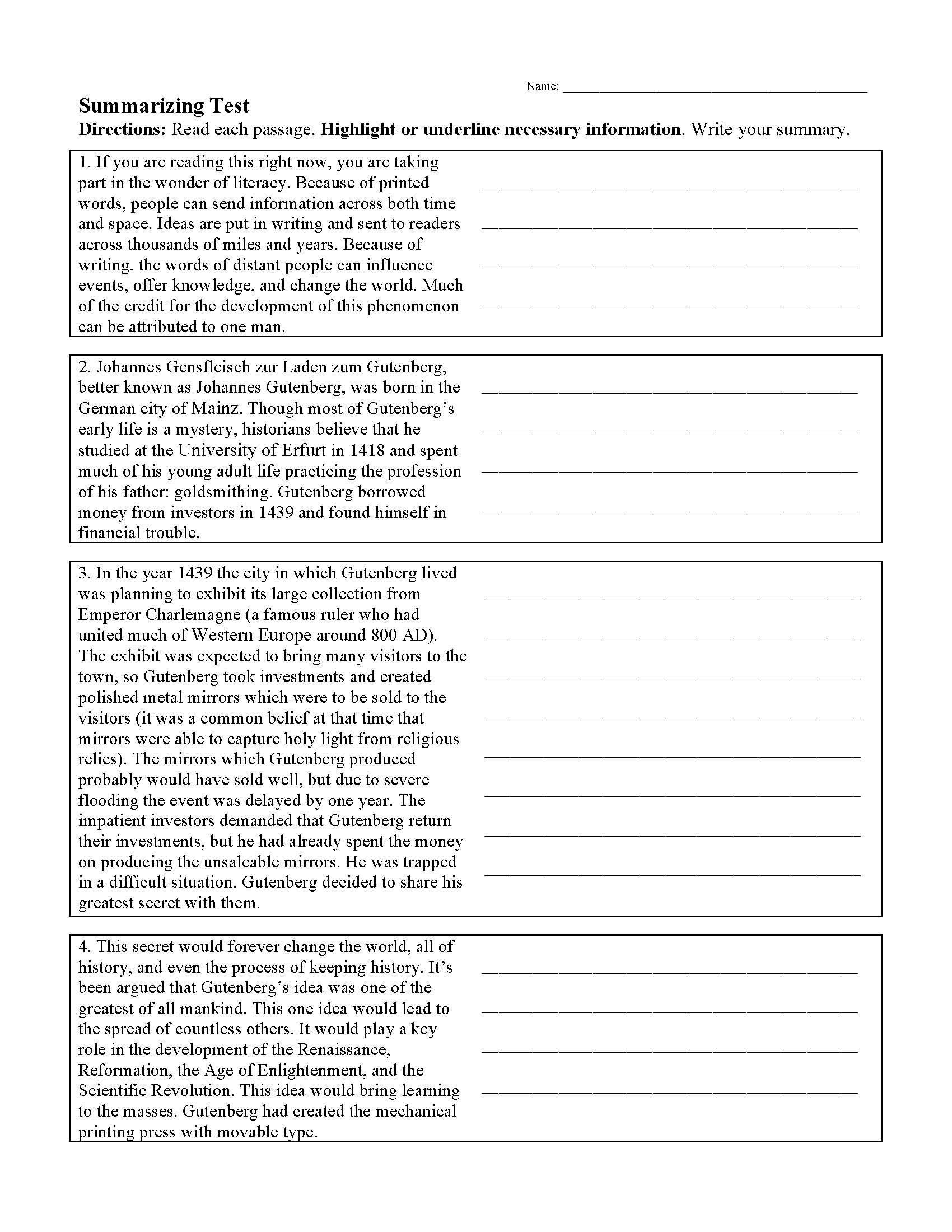 summarizing worksheet 4th grade