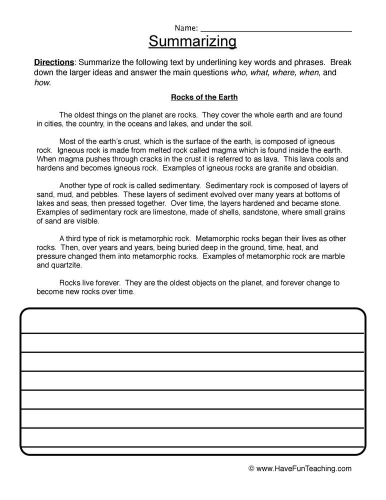 Summarizing Worksheet  