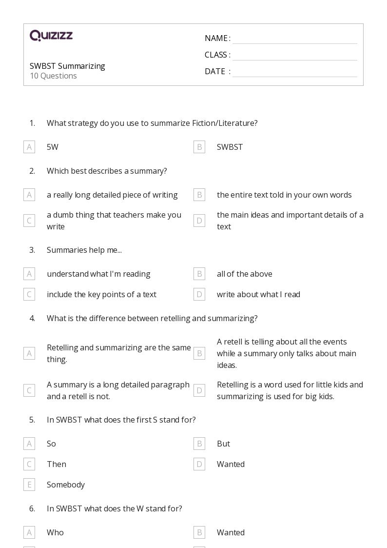 50+ Summarizing worksheets for 6th Class on Quizizz | Free &  Printable