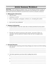 Article Summary Worksheet Study Resources