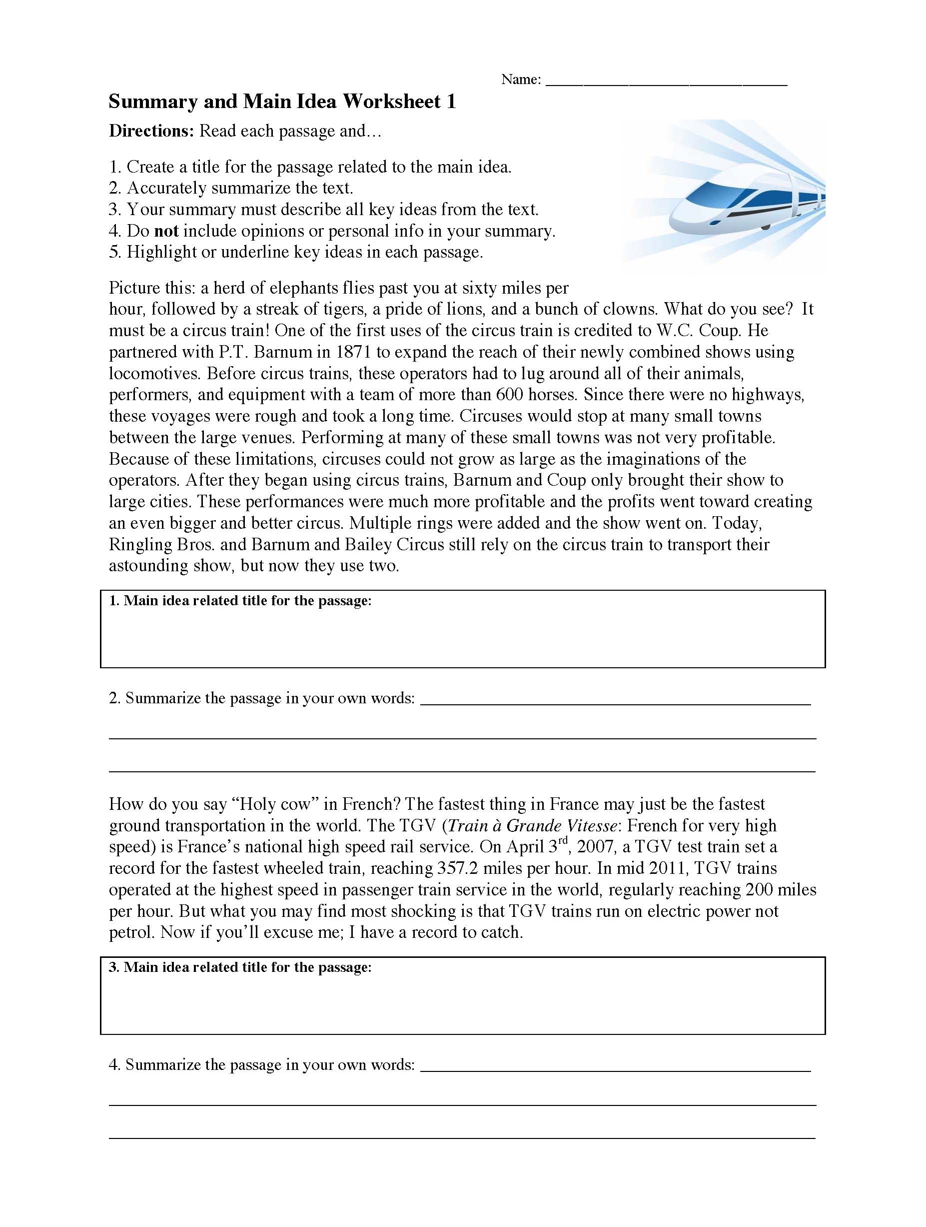 summary and main idea worksheet 1