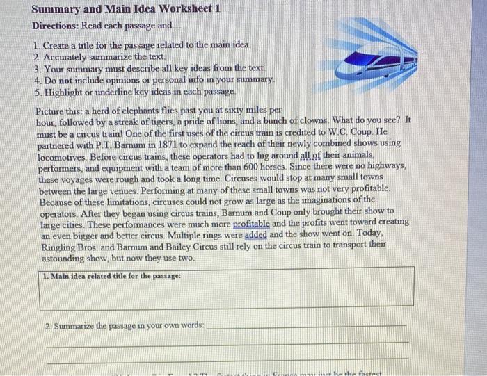 summary and main idea worksheet 1