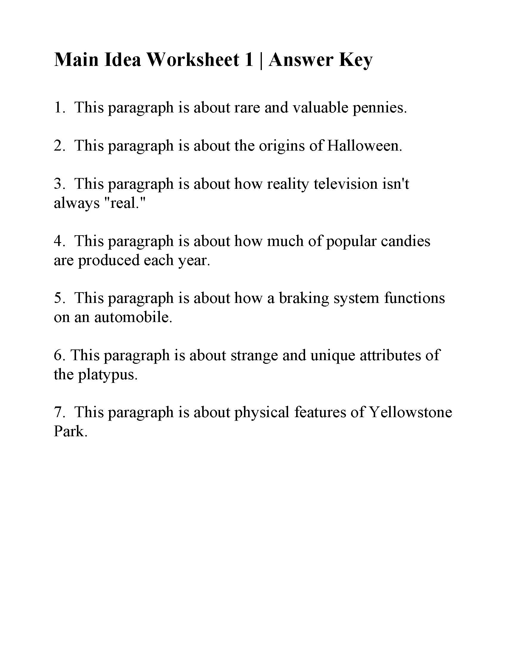 Main Idea Worksheet 1 | Reading Activity