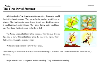 The First Day of Summer - Reading Comprehension Worksheet | edHelper