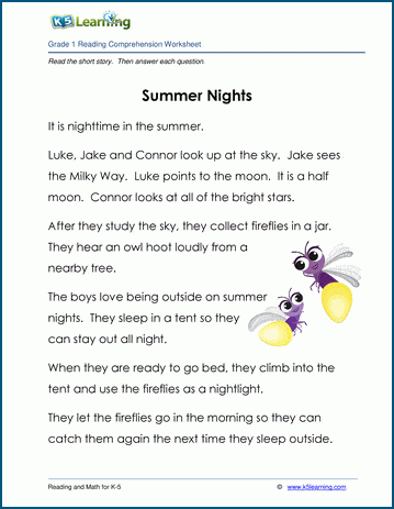 Summer Nights - Grade 1 Childrens Story | Worsheets library