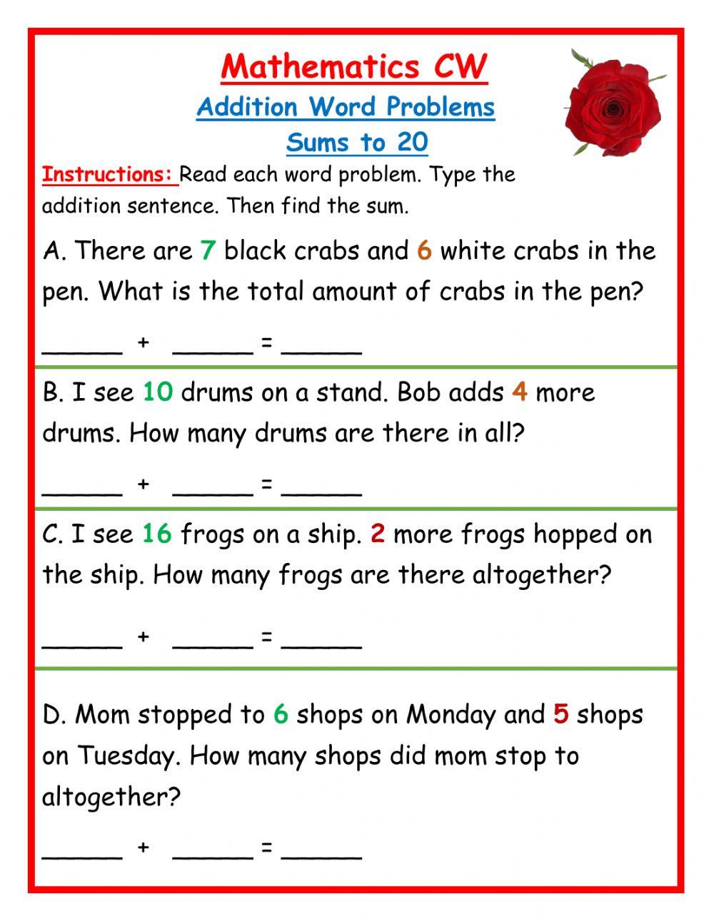 Addition Word Problems sums to 20 CW worksheet | Live Worksheets ...