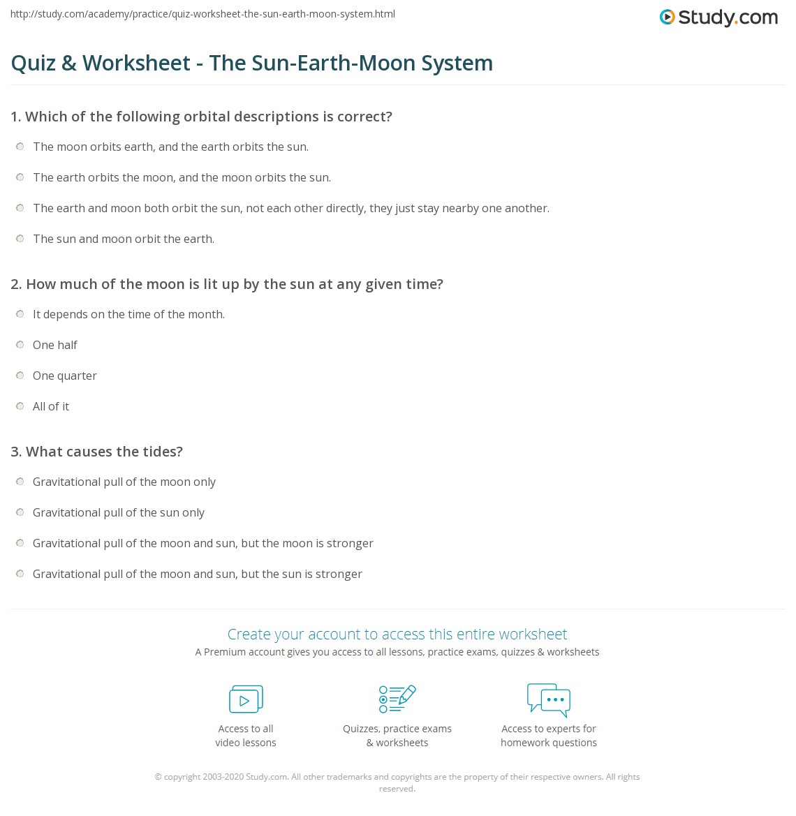 Quiz &  Worksheet - The Sun-Earth-Moon System | Study.com