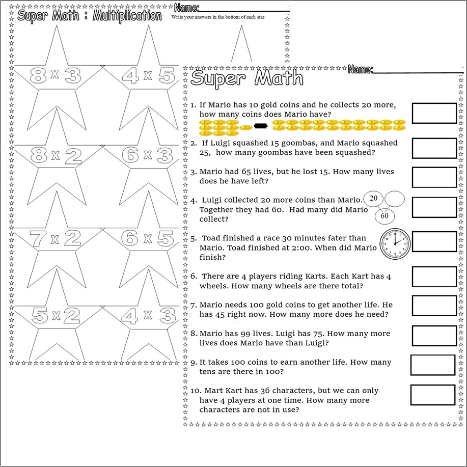 Super Gamer Mario Math Practice Telling Time Addition Multiplication
