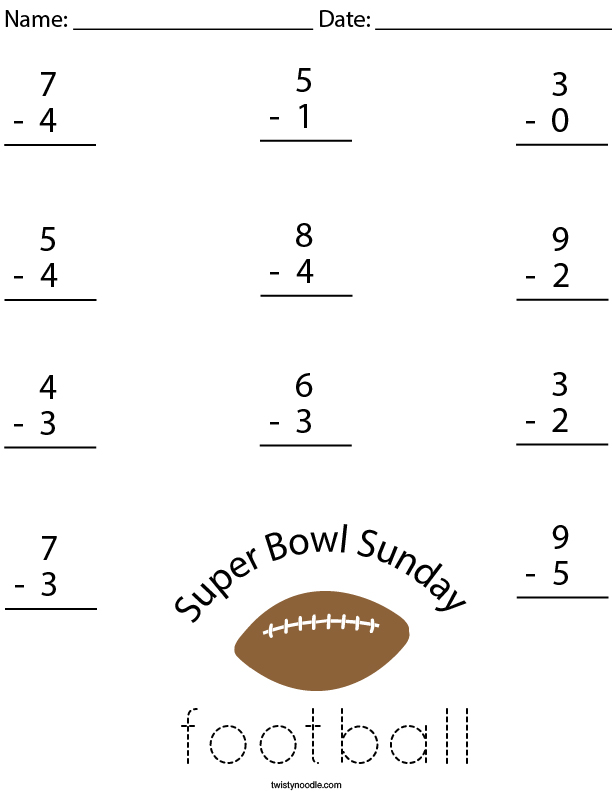 Super Bowl Subtraction Math Worksheet - Twisty Noodle