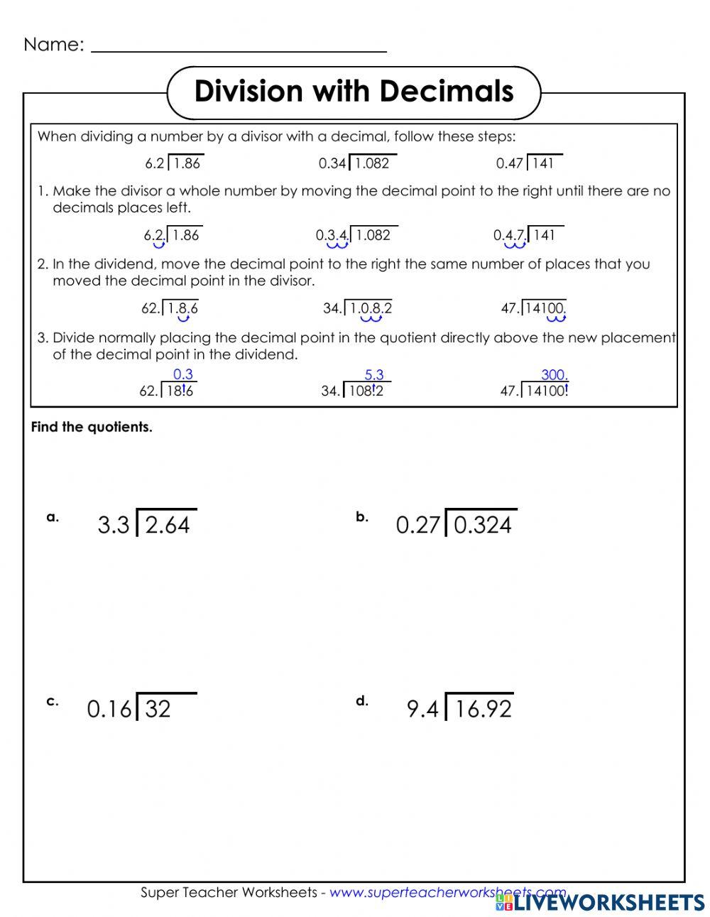 Dividing Decimals Online Practice