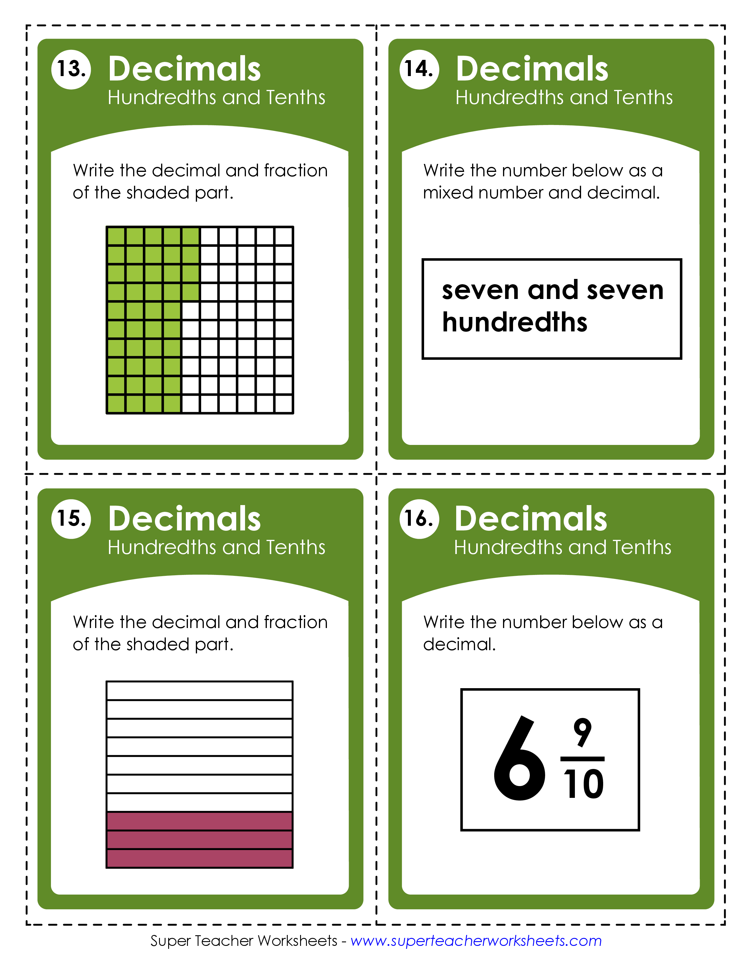 Decimals - Hundreths - in Squares (with Answer Key) | LoveToTeach.org