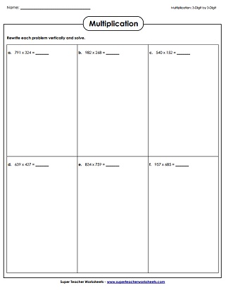 Worksheets - Multiplication by 3-Digit Numbers